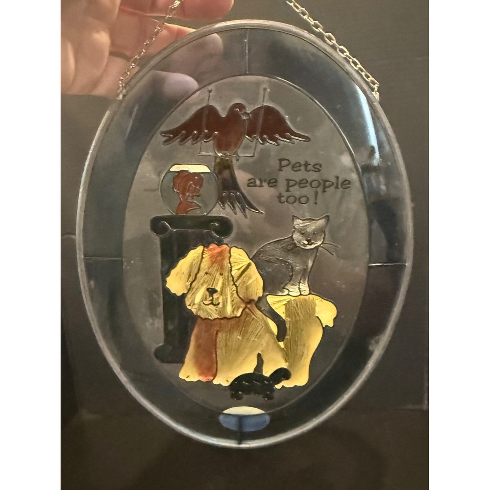 Joan Baker Designs  6.5" Suncatcher Blue Pets Are People Too Glass Art‎ Dog Cat